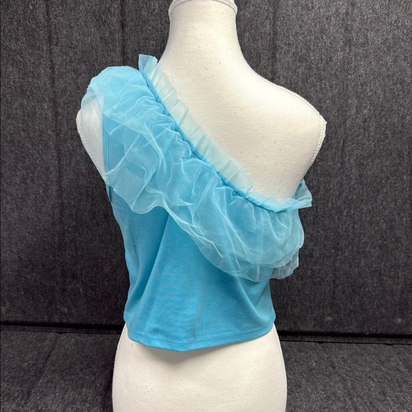 Blue Asymmetrical Ruffled Crop Top - Picture 3 of 4